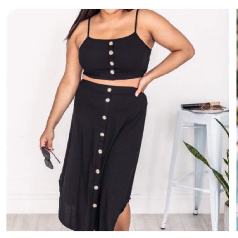 Pink Lily Black Button-Down Skirt Set
